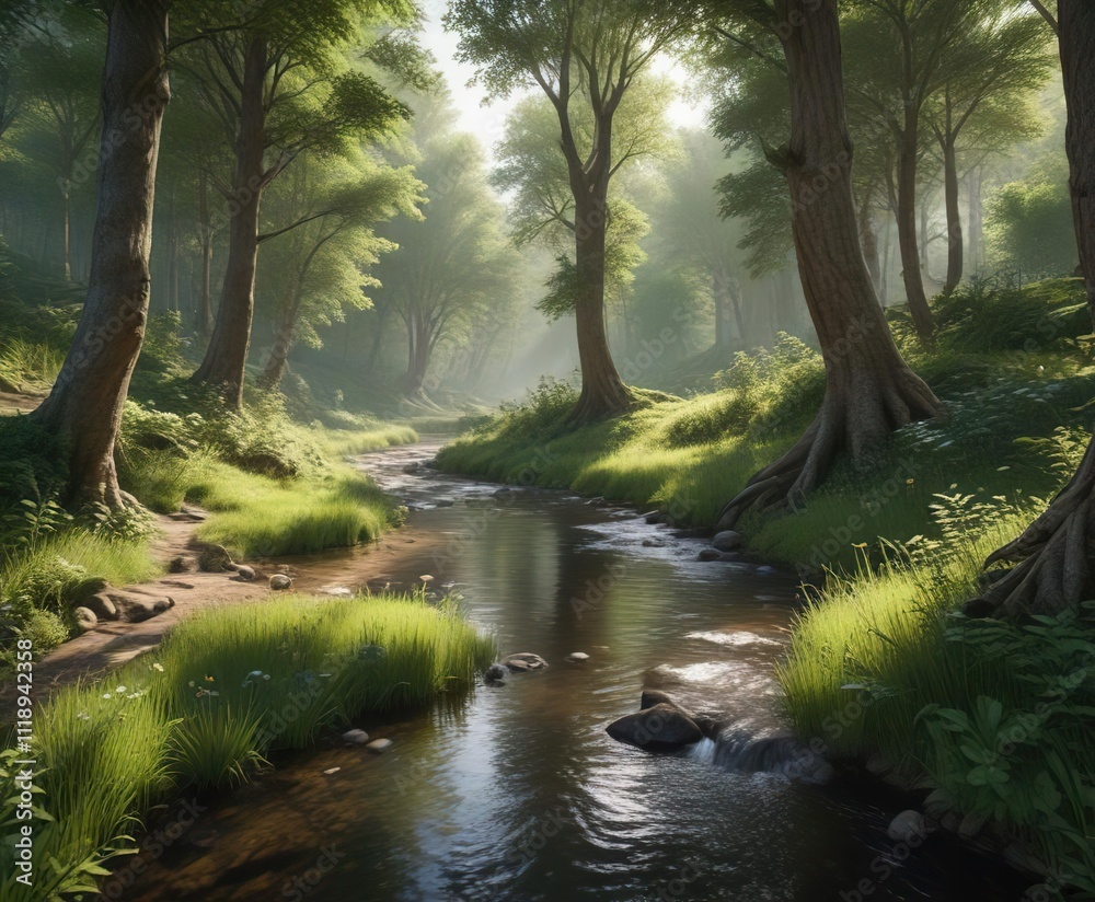 Obraz premium A tranquil forest glade with a winding stream, natural surroundings, quiet pool