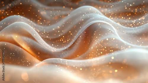 Abstract waves with a soft glow and sparkling particles.