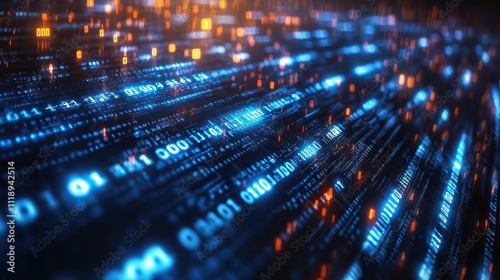An abstract blue and white background with binary code and digital networks, representing technology concepts An abstract blue and white background with binary code and digital networks, representing technology concepts
