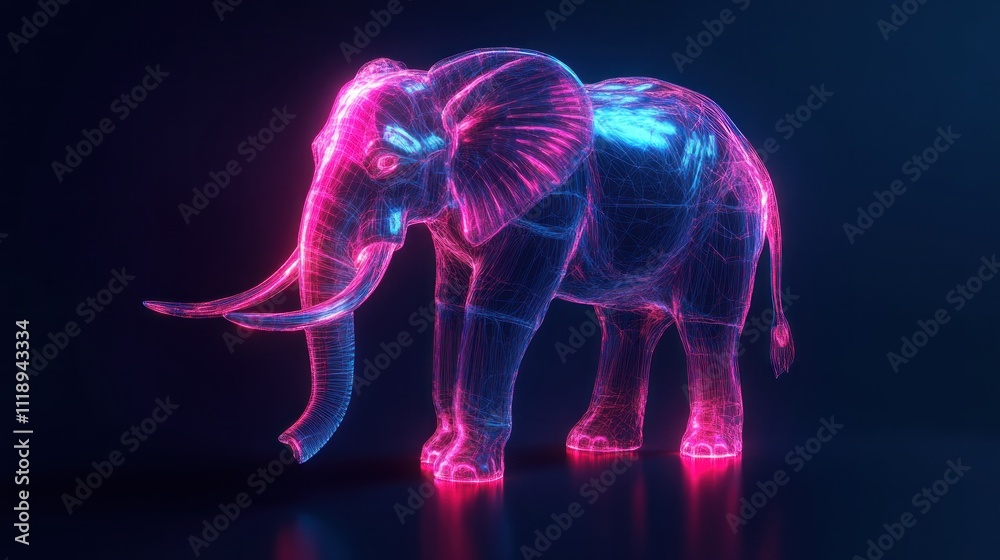 3D holographic elephant, glowing tusks, neon highlights, black isolated background 3D holographic elephant, glowing tusks, neon highlights, black isolated background