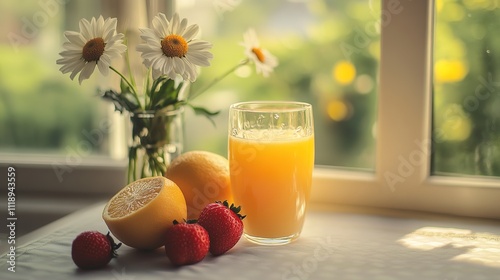 Fresh orange juice and strawberries in a bright kitchen setting with white flowers in a vase and a cozy atmosphere. photo