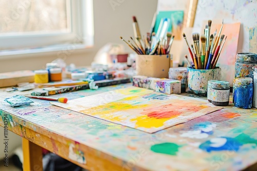 A vibrant artist's workspace filled with paint, brushes, and creative materials.