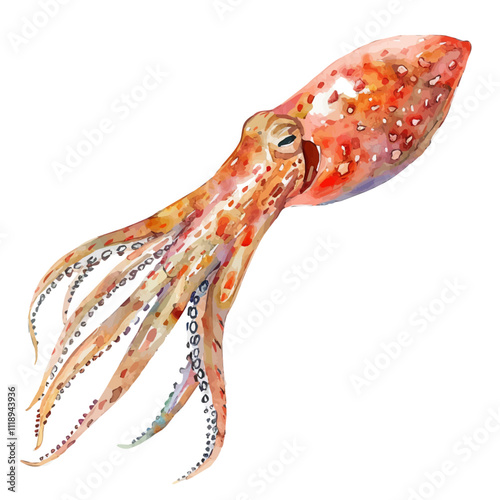 A watercolor of a squid, isolated on a white background. Squid vector.