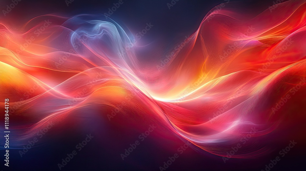 An abstract design features a vibrant interplay of light and red lines