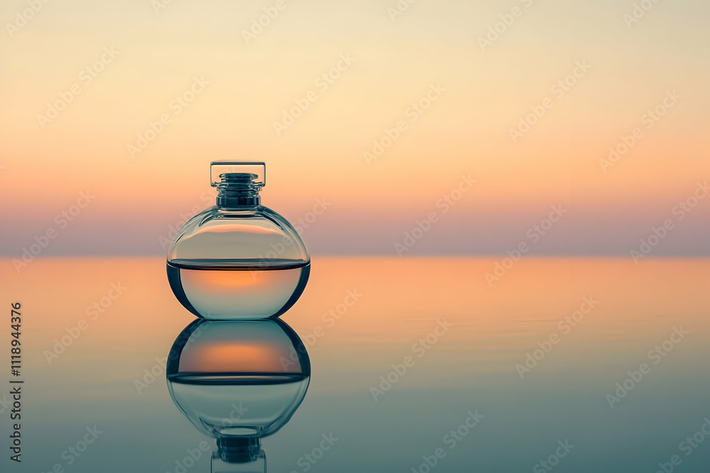 A glass perfume bottle reflecting a serene sunset over calm waters. A glass perfume bottle reflecting a serene sunset over calm waters.