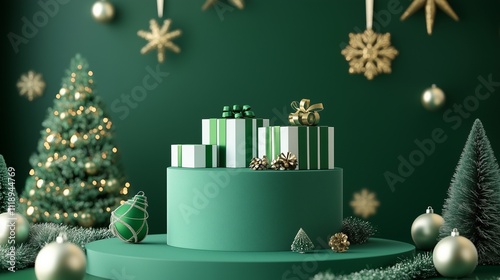 Christmas Podium in Green for Product Display and Holiday Marketing  
