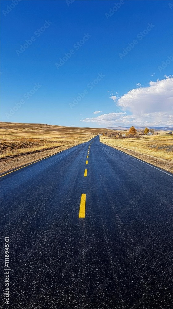 Naklejka premium A long, empty road stretches through a vast, open landscape under blue skies.