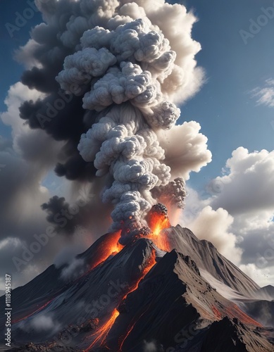 A volcanic eruption with white clouds and ash billowing into the air, ash, pollution, environmental damage photo