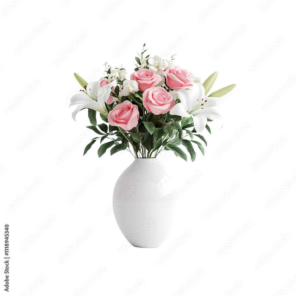 Elegant Pink Roses and White Lilies in a White Vase