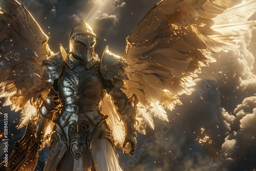 A majestic armored warrior with golden wings stands against a dramatic sky.