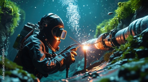 Deep Sea Diver Welding Underwater Pipes