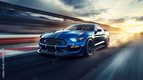 Blue sports car accelerating on a racetrack at sunset.