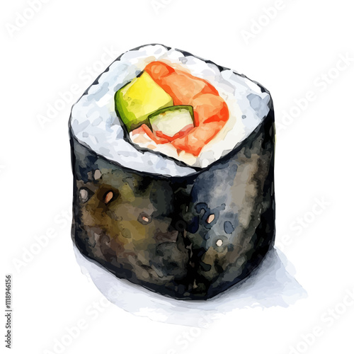 A watercolor clipart of a sushi roll, isolated on a white background. Sushi roll vector.