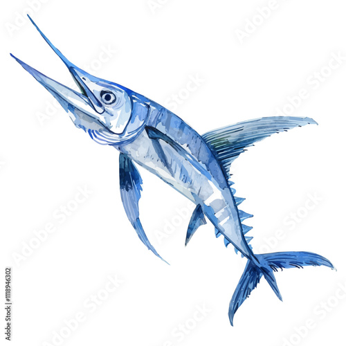 A watercolor vector of a swordfish, isolated on a white background. Swordfish vector.