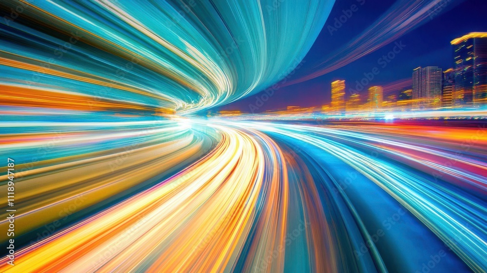 [High-speed highway light trails photography] Speeding into the Neon Night: Vibrant Light Trail Blur Effect