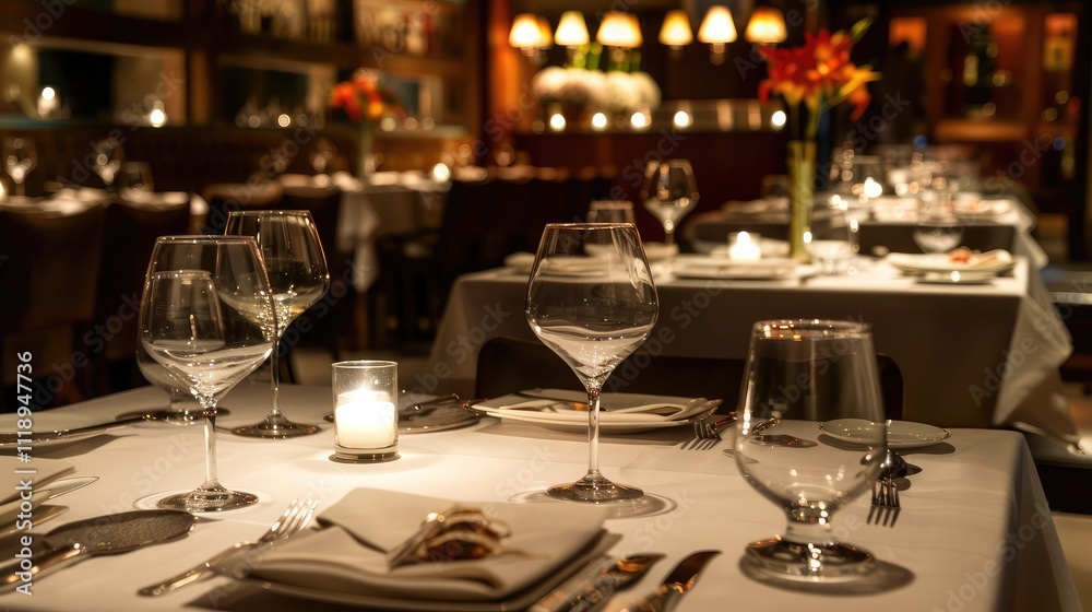 Elegant corporate event venue with elegant table settings and ambient lighting. Focus on a professional atmosphere
