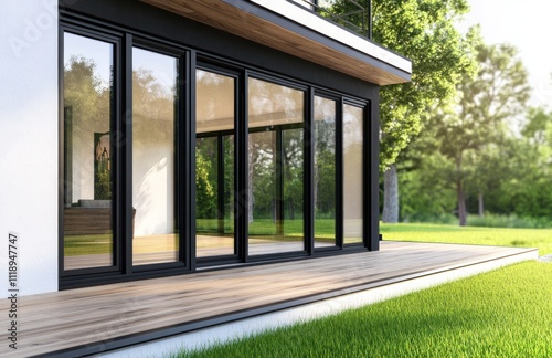 Modern house with large glass sliding doors opening to a wooden deck and green lawn.