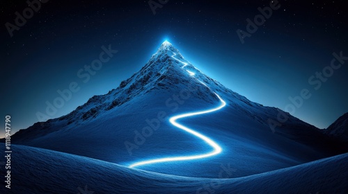 [Surreal Snow-Covered Mountain Night Scene] Adventure Beckons: Majestic Mountain Peak Under Starry Night Sky with Glowing Path