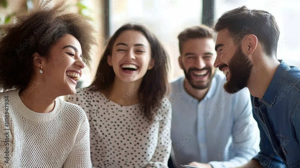 Fototapeta premium [Informal Group Socializing Meeting] Happy Family Gatherings: Cozy Indoor Scene with Smiling People at Table