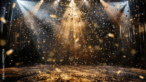 Golden confetti rain on a festive stage with a beam of light in the center. A mock nighttime spare room with copy space for award ceremonies, anniversaries, New Year's parties.
