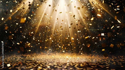 Golden confetti rain on a festive stage with a beam of light in the center. A mock nighttime spare room with copy space for award ceremonies, anniversaries, New Year's parties.