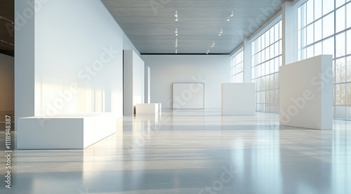 Minimalist Art Gallery Interior with White Sculptures and Natural Light