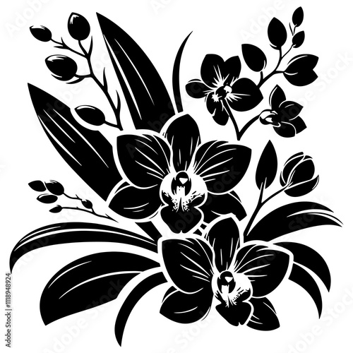 Silhouette Orchids Flowers With Leaves, orchid silhouette ,orchid sv g,orchid p ng,orchid illustrate ion,orchid, silhouette flower,vector 1