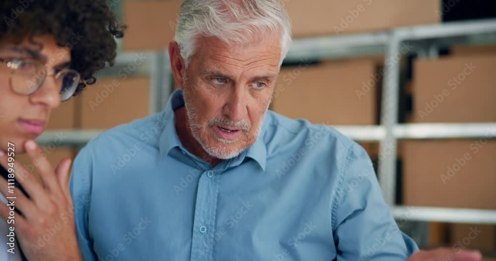 Supply chain, distribution and business people in meeting for delivery, logistics and inventory for ecommerce. Manufacturing, warehouse and worker and boss talking for planning, shipping and stock