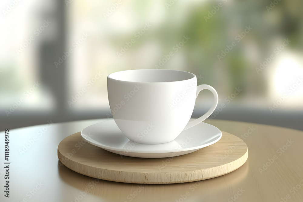 A simple white cup on a wooden plate, set against a blurred background. A simple white cup on a wooden plate, set against a blurred background.