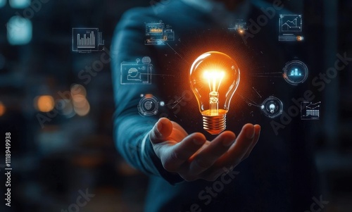 Businessman holding a light bulb icon representing insight innovation and creative ideas in a corporate world