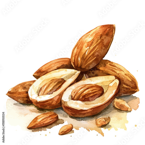 A watercolor of almonds, isolated on a white background. Almonds vector.