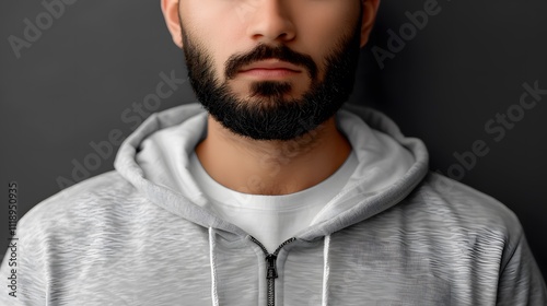 Close-up of a man's face and chest, wearing a gray hoodie.