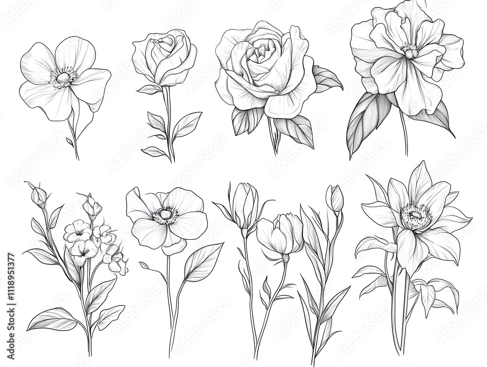 Fototapeta premium Delicate Blossoms: A Minimalist Line Art of Flowers