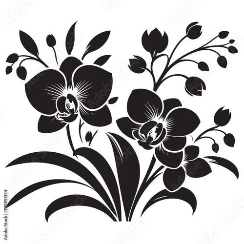 Silhouette Orchids Flowers With Leaves, orchid silhouette ,orchid sv g,orchid p ng,orchid illustrate ion,orchid, silhouette flower,vector 6
