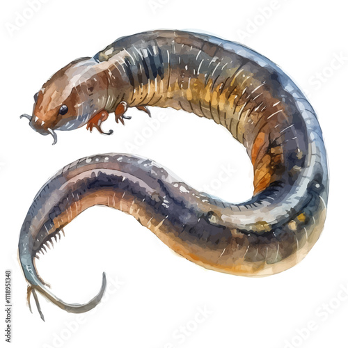 A watercolor of an electric eel, isolated on a white background. Electric eel vector.