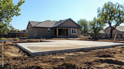 A newly constructed home with a concrete foundation in a residential area.