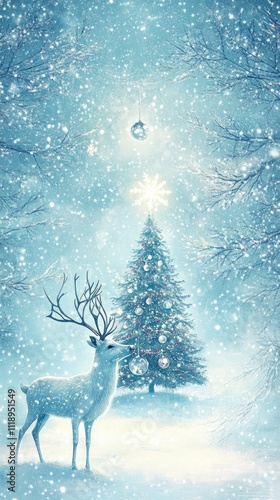 a light blue textured background, thereis a christmas tree in the middle, a reindeerholds an ornament in his mouth, light snow isfalling, detailed, fantasy photo