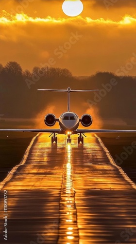 A private jet on a runway at sunset, reflecting golden hues.