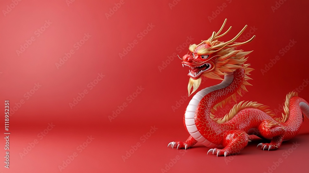 Fototapeta premium Colorful Chinese Dragon Model on Empty Red Background