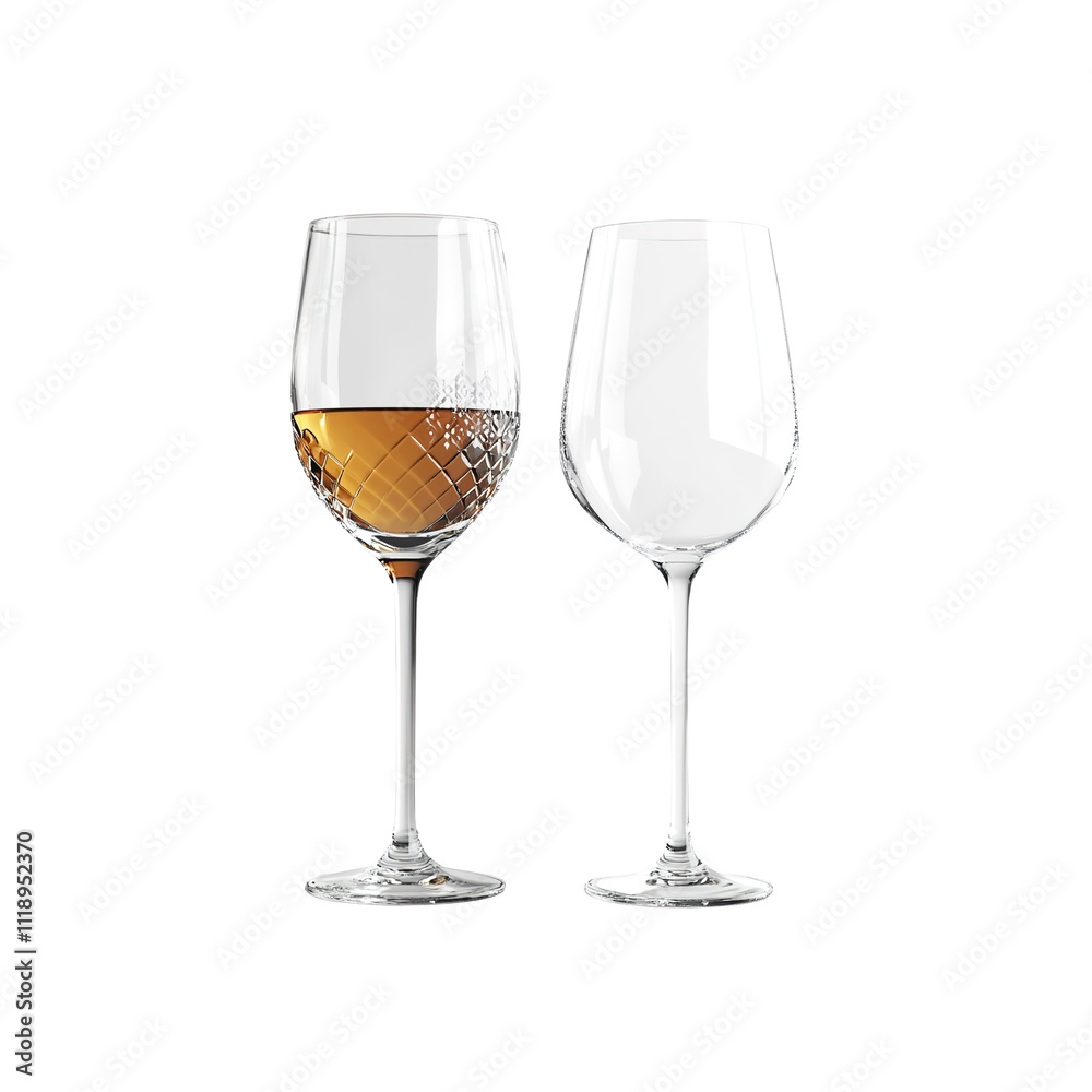Elegant Cut Crystal Wine Glasses, One Filled with White Wine, Isolated on White Background Elegant Cut Crystal Wine Glasses, One Filled with White Wine, Isolated on White Background