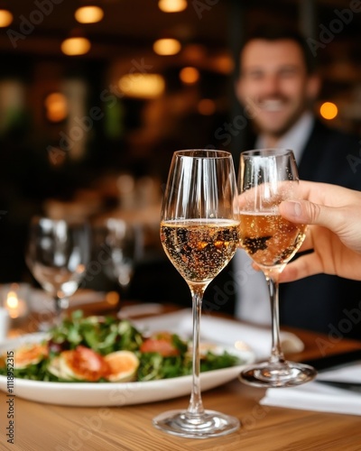 [Lively Celebration at Restaurant] Cheers to love in an upscale dining room celebration with champagne and fine cuisine