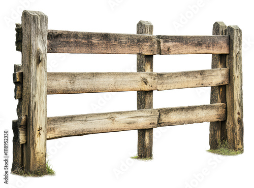 Rustic wooden fence on grassy ground, cut out - stock png.