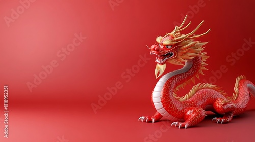 Colorful Chinese Dragon Model on Empty Red Background