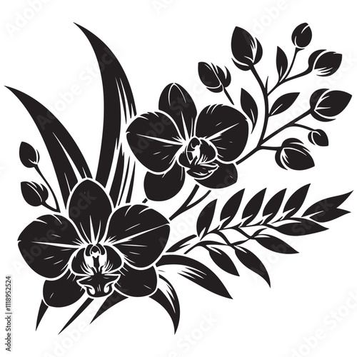 Silhouette Orchids Flowers With Leaves, orchid silhouette ,orchid sv g,orchid p ng,orchid illustrate ion,orchid, silhouette flower,vector 15