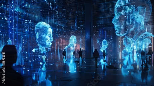 Lifesized holograms of influential figures in the blockchain community fill the central atrium inspiring and educating visitors.