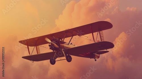 A vintage biplane flying through a colorful sunset sky.
