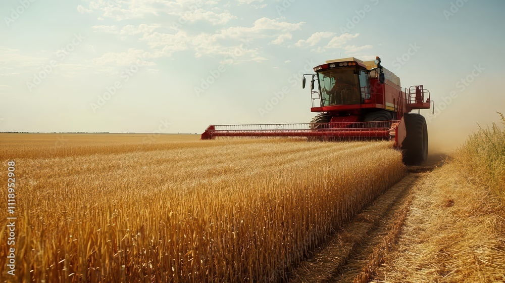 Obraz premium A combine harvester working in a golden wheat field under a blue sky.