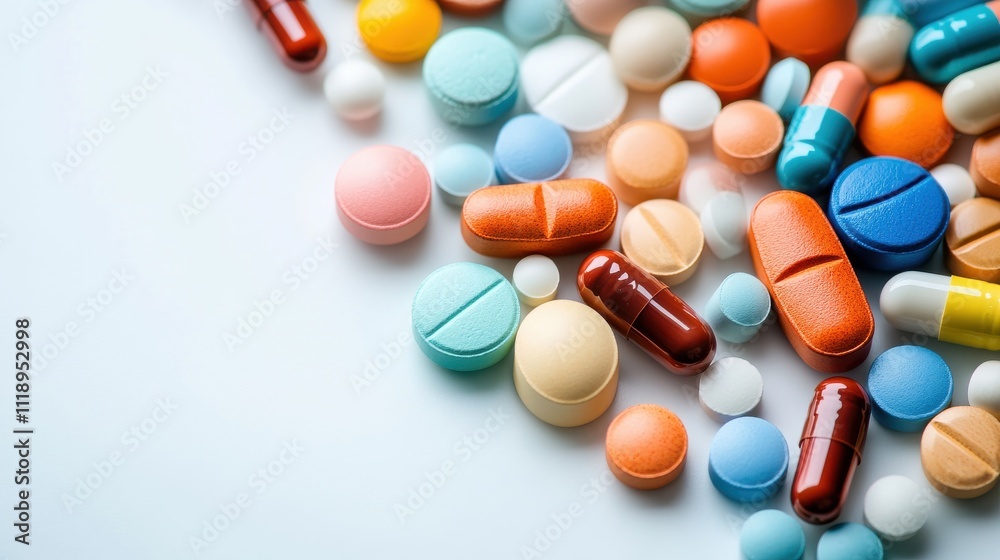 [Pills on White Background] Pharmacy Medication Display with Colorful Pill Arrangement and White Background.