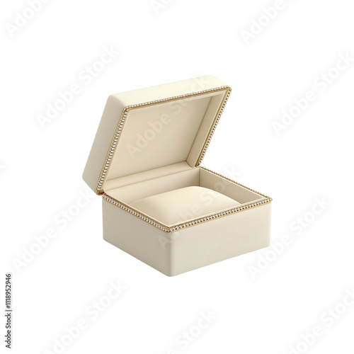 Elegant Off-White Jewelry Box with Gold Trim, Open and Empty