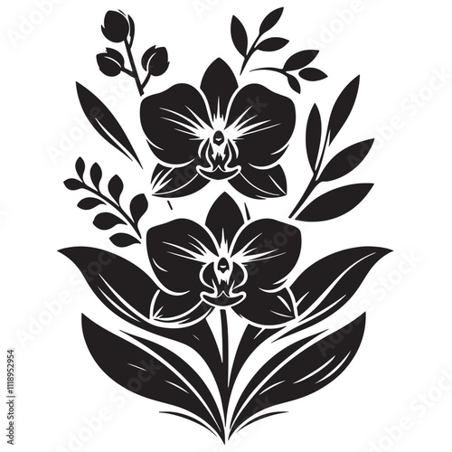 Silhouette Orchids Flowers With Leaves, orchid silhouette ,orchid sv g,orchid p ng,orchid illustrate ion,orchid, silhouette flower,vector 21